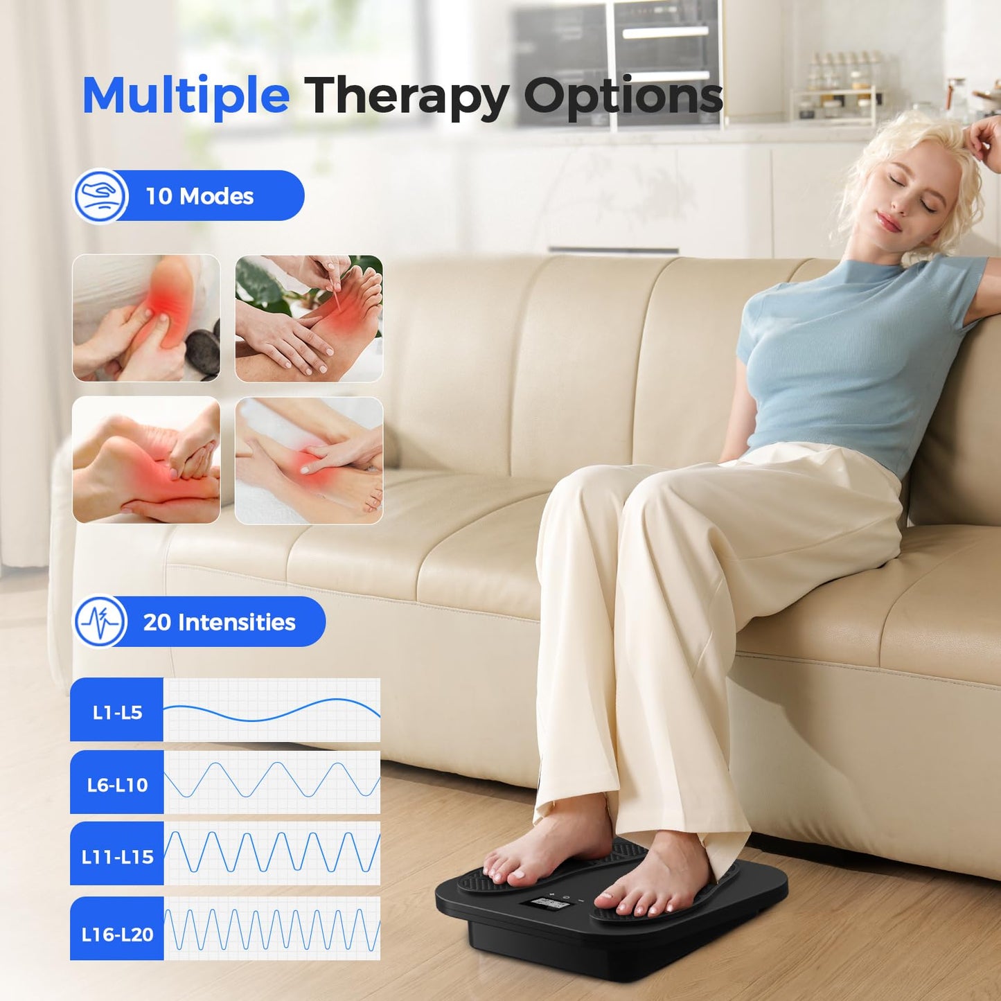 EMS TENS Masajeador de Pies para Neuropatía, Recargable Masajeador Pies con 10 Modos & 20 Intensidades para Fascitis Plantar, Hinchazón y Mejora la Circulación, Regalos para mujeres y hombres