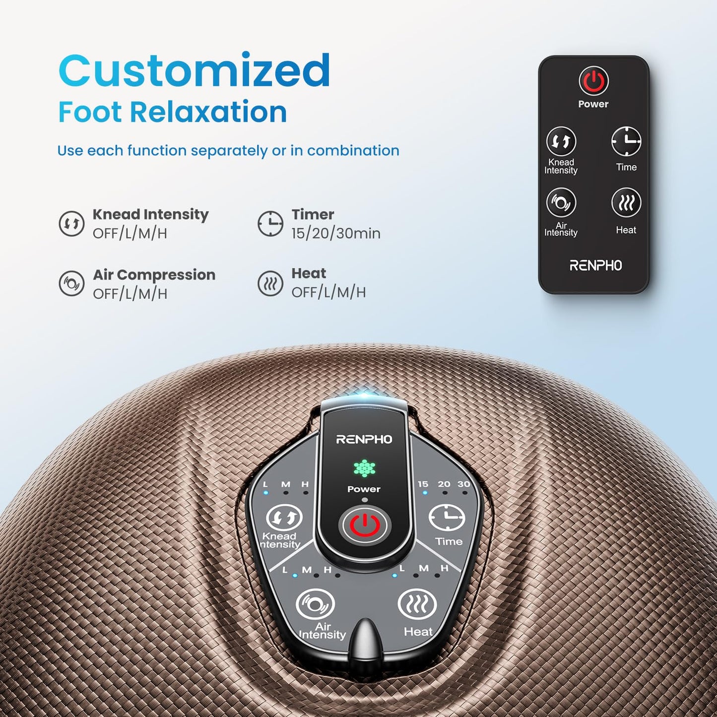 RENPHO Masajeador de pies con calor para fascitis plantar, Portátil Amasado Shiatsu, Compresión, Massager eléctrico de los pies de 3 intensidades, Marrón