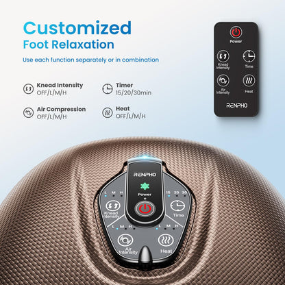 RENPHO Masajeador de pies con calor para fascitis plantar, Portátil Amasado Shiatsu, Compresión, Massager eléctrico de los pies de 3 intensidades, Marrón
