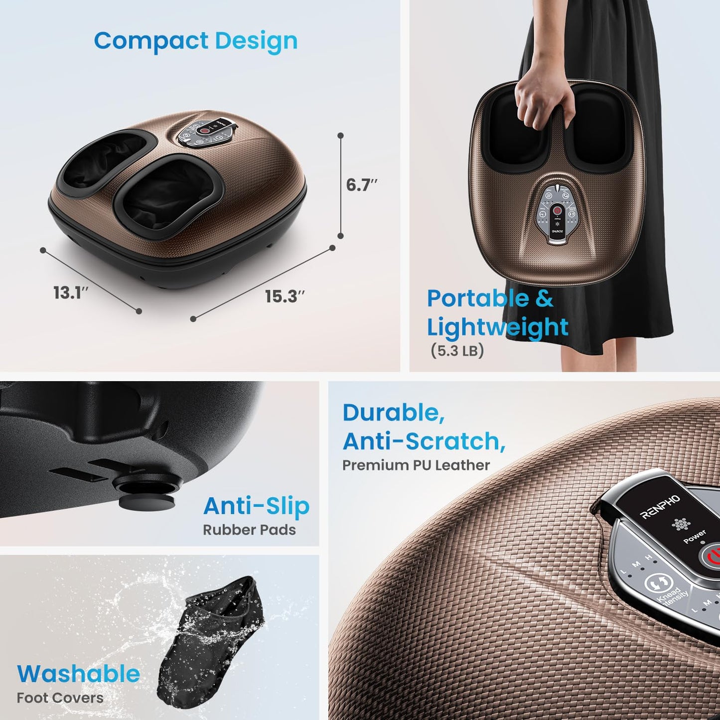 RENPHO Masajeador de pies con calor para fascitis plantar, Portátil Amasado Shiatsu, Compresión, Massager eléctrico de los pies de 3 intensidades, Marrón